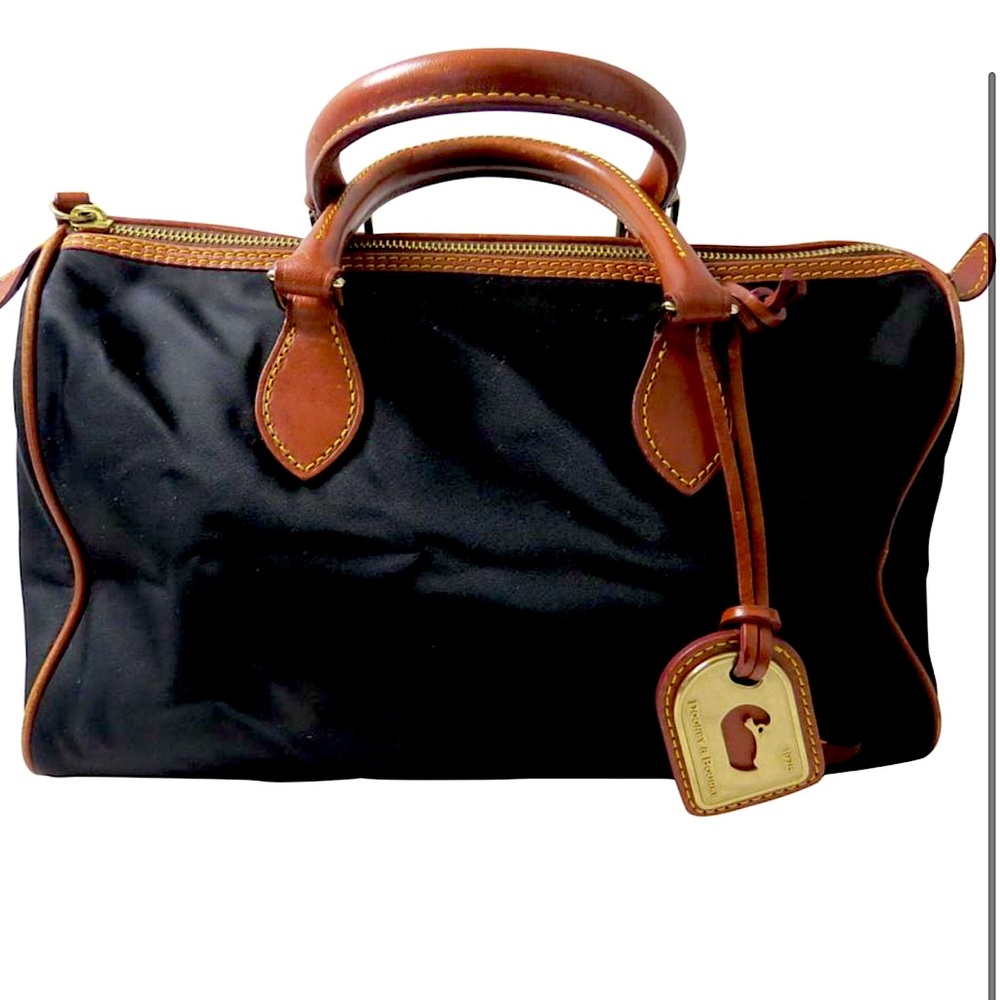 AUTHENTIC Dooney & Bourke Signature Handbag. Black nylon fabric/Tan leather